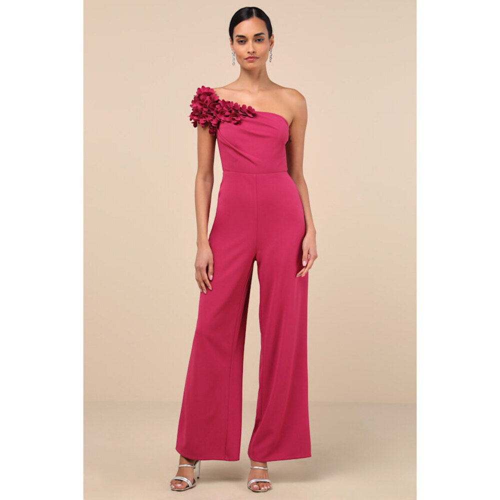 Lulus Damara Magenta Floral Applique One-shoulder Jumpsuit Pink - Size S